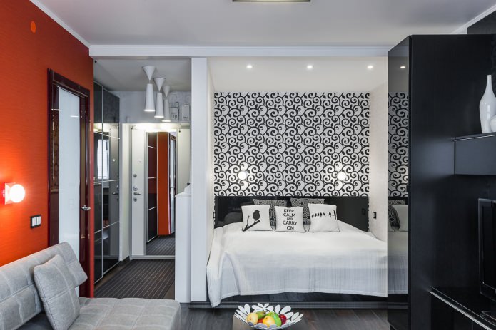 quarto no interior de um apartamento de um cômodo em estilo moderno