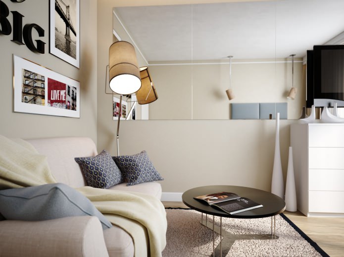 sala de estar-quarto no projeto de um apartamento de 38 m².