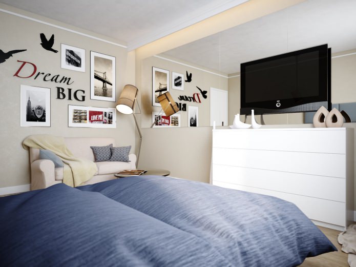 sala de estar e quarto no projeto de um apartamento de 38 m².