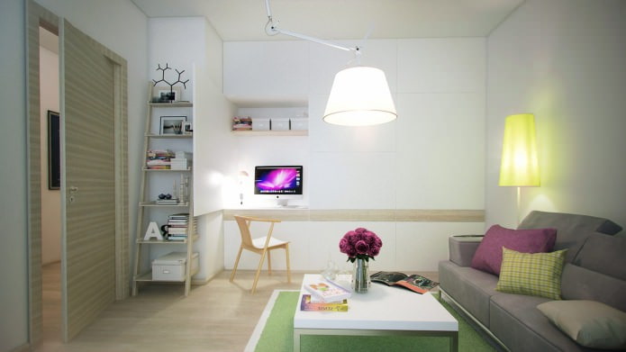 sala de estar no projeto de um apartamento de um cômodo de 40 m².