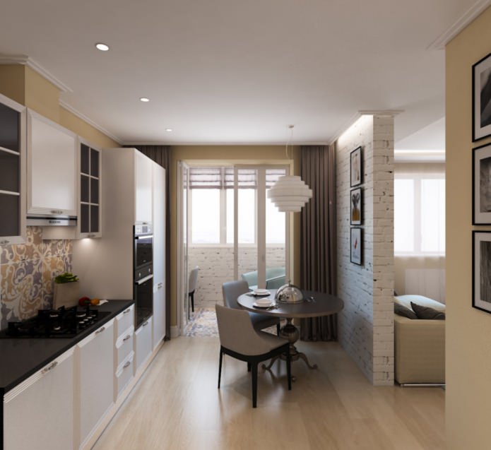 cozinha em um apartamento de um cômodo de 50 m²