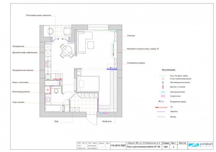 layout de um apartamento de um cômodo de 50 m²