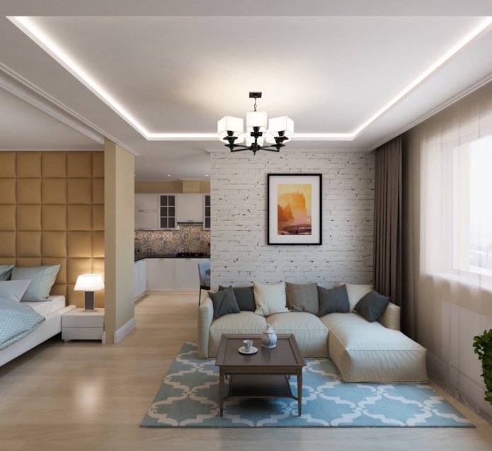 sala de estar e quarto em um apartamento de um cômodo de 50 m²