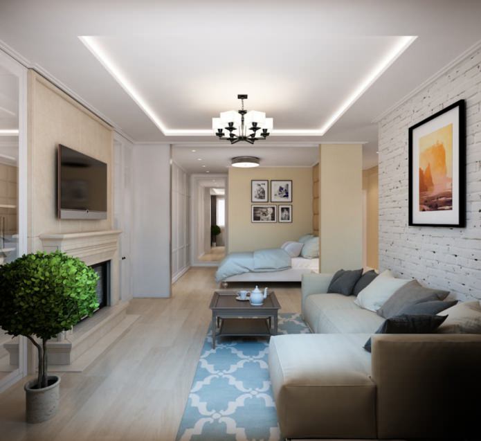 sala de estar e quarto em um apartamento de um cômodo de 50 m²