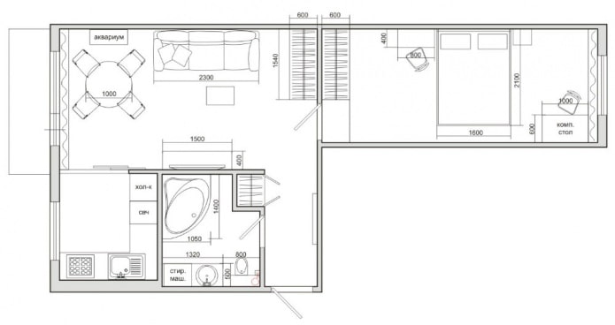layout de um Khrushchevka de dois cômodos de 44 m².