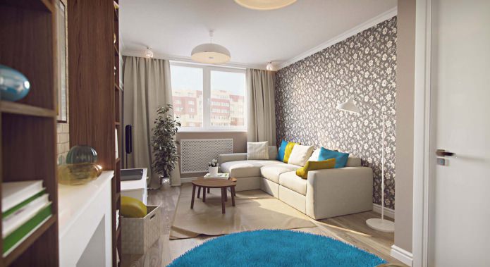 sala de estar no projeto de um apartamento de um cômodo de 43 m².