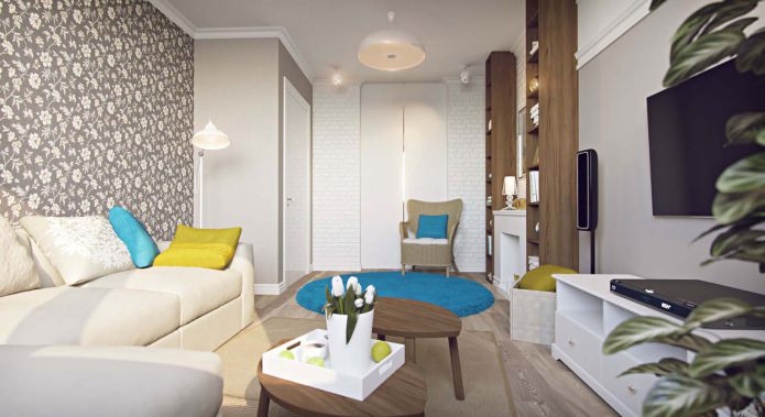 sala de estar no projeto de um apartamento de um cômodo de 43 m².