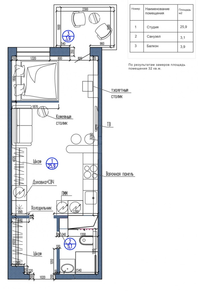 Layout de estúdio de 29 m² com divisória decorativa
