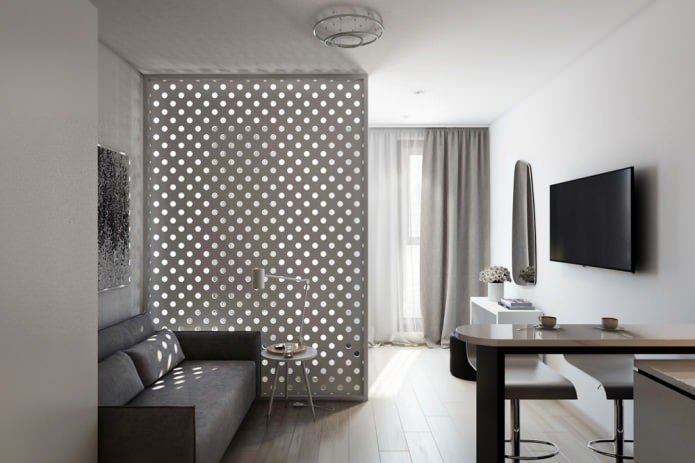 Projeto de design de um estúdio de 29 m² com uma divisória decorativa
