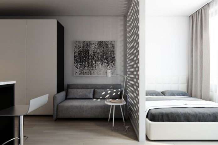 Projeto de design de um estúdio de 29 m² com uma divisória decorativa