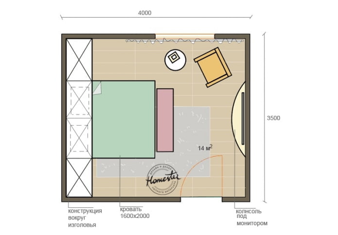 Disposição do quarto 14 m²