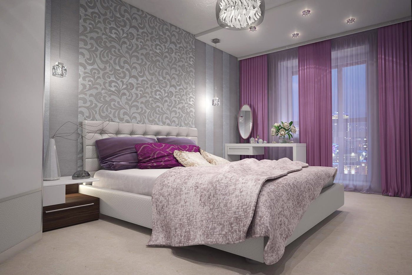 cortinas roxas em design de quarto com papel de parede cinza