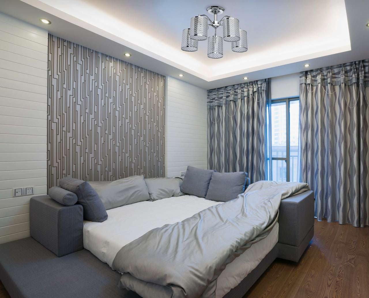 cortinas cinza no design do quarto com papel de parede cinza