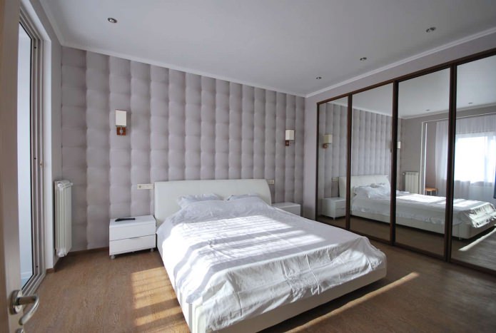 Paredes cinzas com papel de parede 3D no quarto