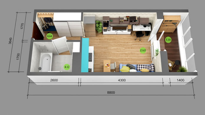 Layout de um estúdio de 25 m².