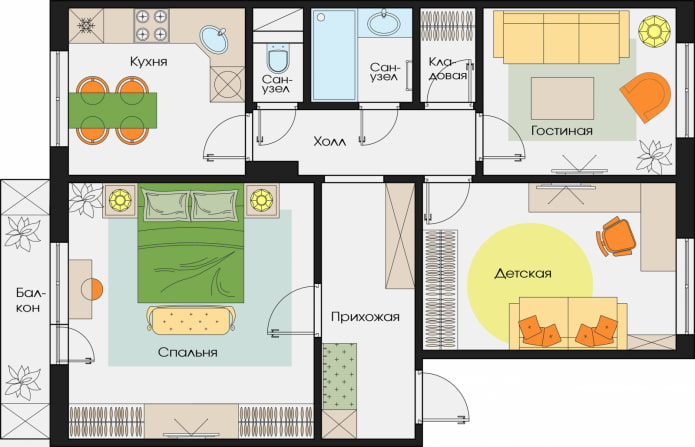 Layout de um apartamento de três cômodos