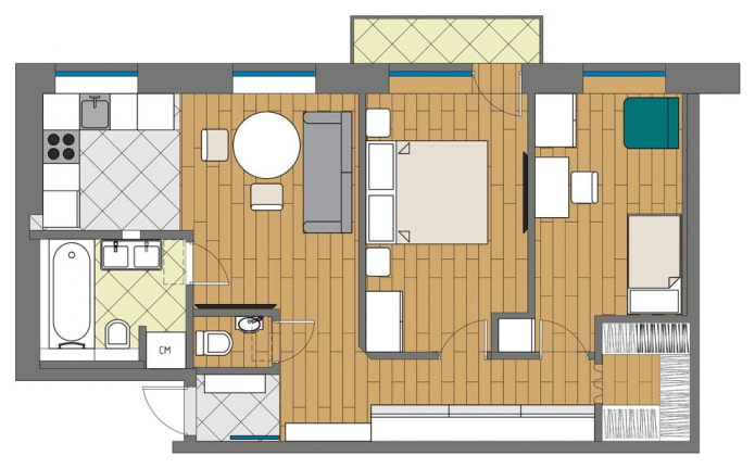 Design de um apartamento de três cômodos com cozinha e sala de estar