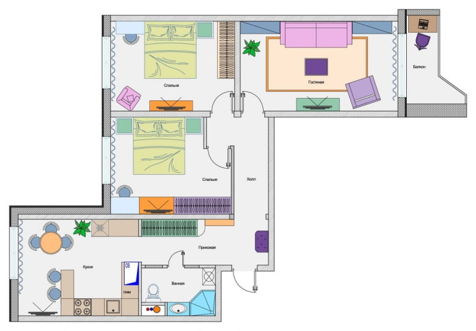 Um apartamento de três cômodos com um escritório na varanda
