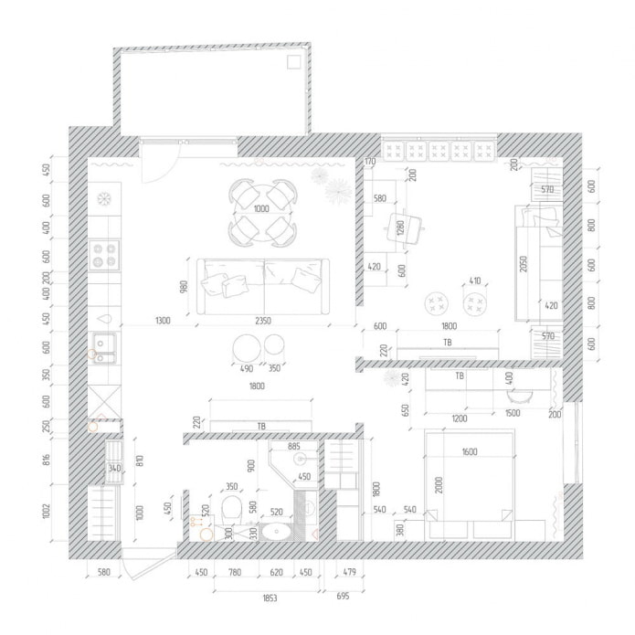 Layout de um elegante apartamento de três cômodos em estilo europeu