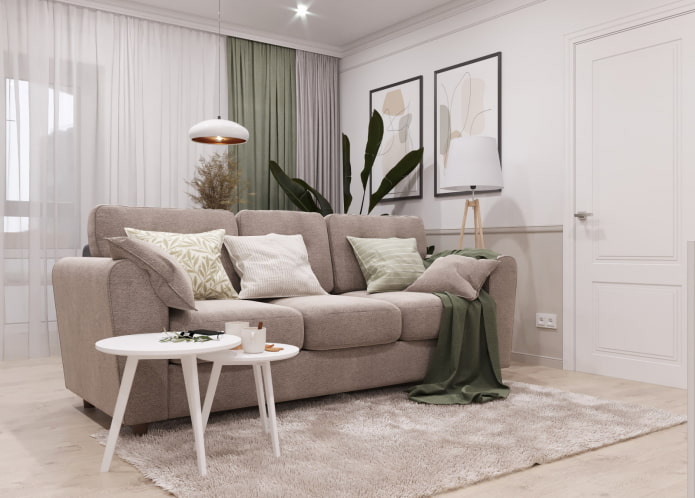 Sala de estar em um apartamento de três cômodos em estilo europeu