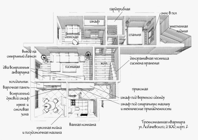 Layout de um apartamento de três cômodos