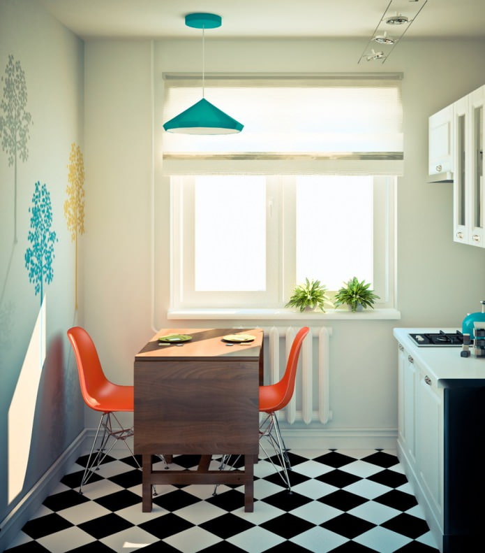 cozinha no projeto de um apartamento de canto de um cômodo de 32 m². 