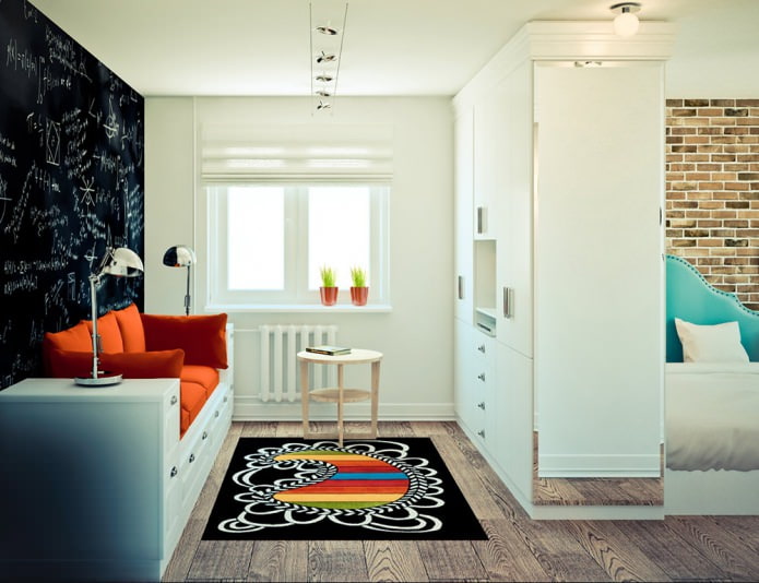 sala de estar no projeto de um apartamento de canto de um cômodo com 32 m².