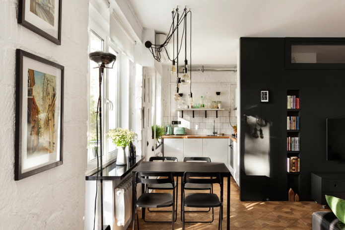 Cozinha-sala de estar em um estúdio