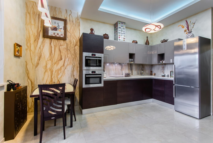 design de dois níveis com iluminação na cozinha