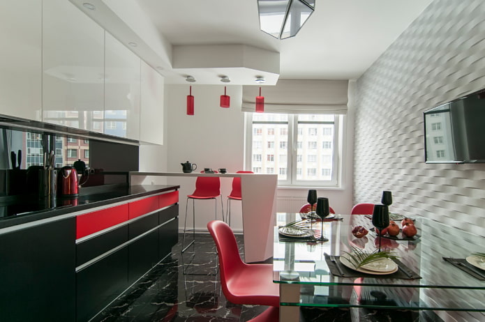 design de dois níveis com uma saliência na cozinha
