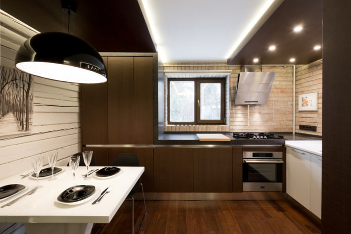 design de dois níveis com iluminação na cozinha