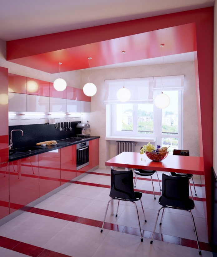 design vermelho de dois níveis na cozinha