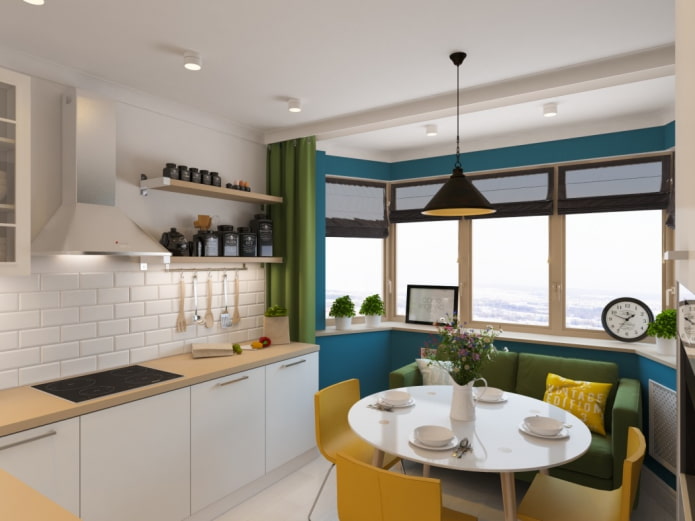 design de dois níveis no interior da cozinha com uma janela saliente