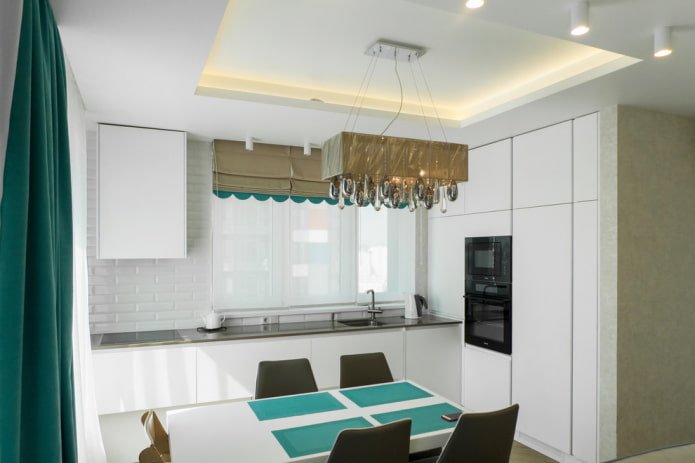 design de dois níveis no interior de uma cozinha pequena