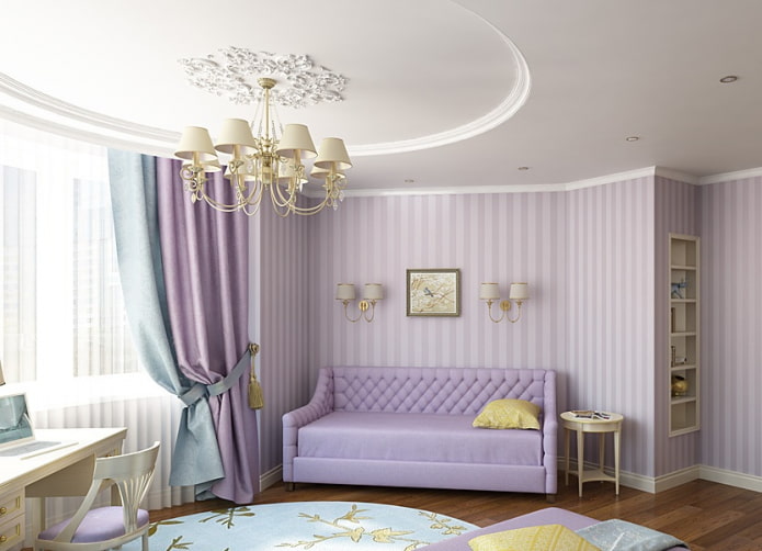 sofá lavanda no quarto de uma menina