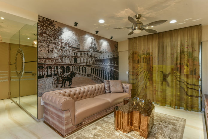 cortinas e papel de parede fotográfico com uma cidade