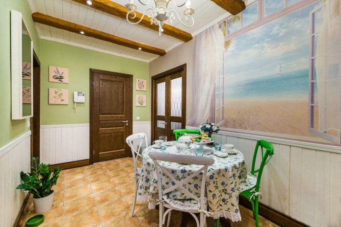 papel de parede fotográfico na sala de jantar com janela
