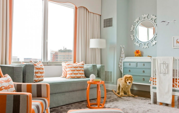 Interior de quarto infantil laranja e azul em estilo moderno