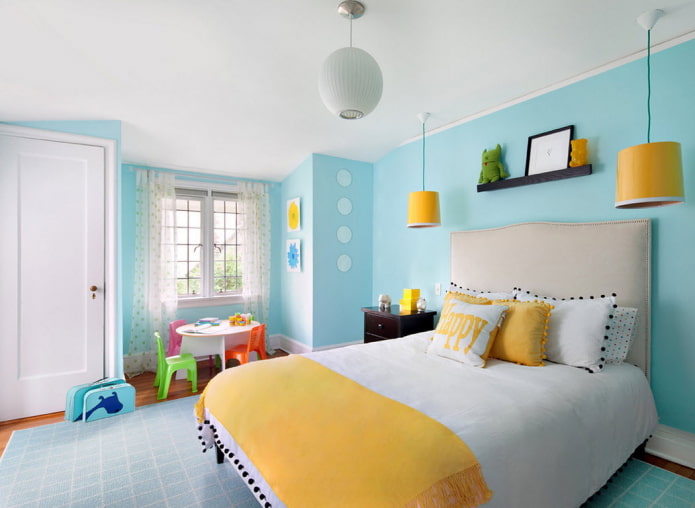 interior de quarto infantil amarelo e azul