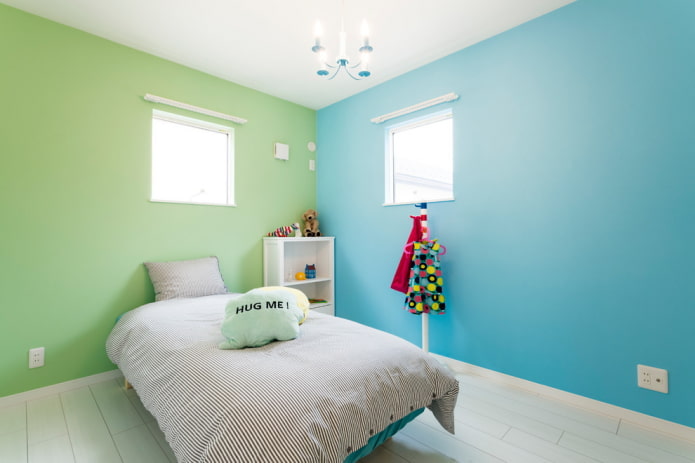 interior verde e azul de um quarto infantil