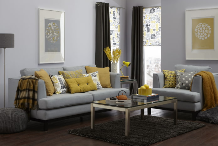 sala de estar cinza-amarelo