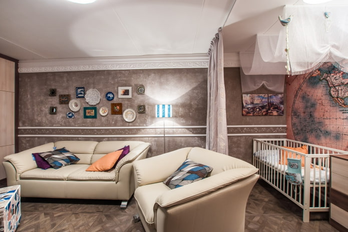 disposição de uma sala de estar e quarto infantil combinados