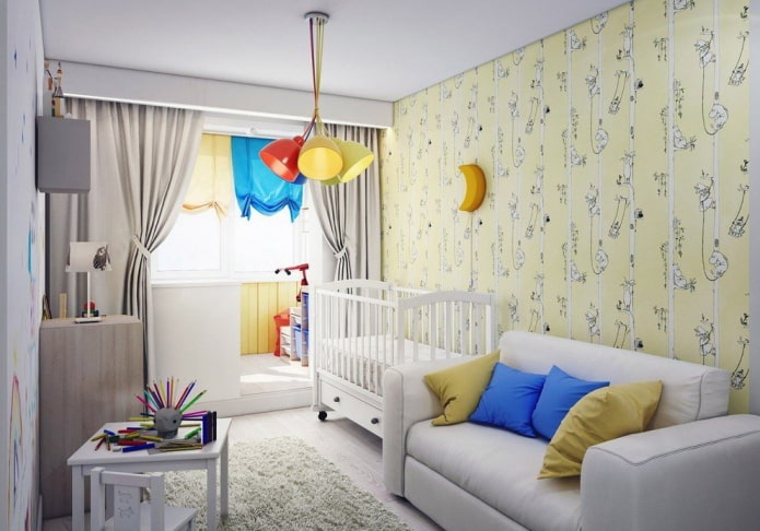 interior de uma pequena sala de estar combinada com quarto de criança