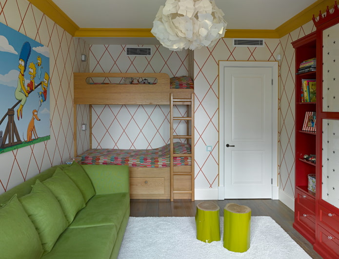interior de uma pequena sala de estar combinada com um quarto infantil