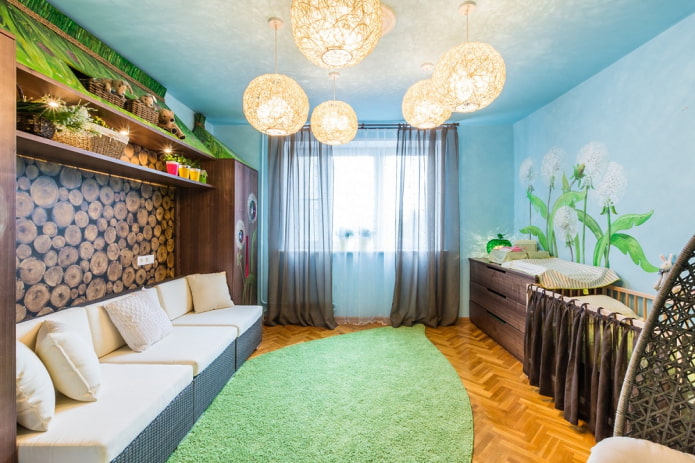 layout de um quarto infantil e sala de estar combinados