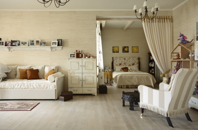 design de interiores de um quarto infantil e sala de estar combinados