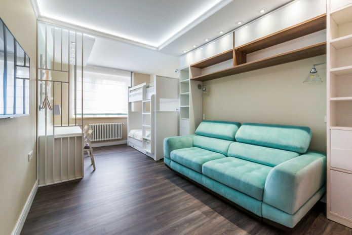 layout de um quarto infantil e sala de estar combinados