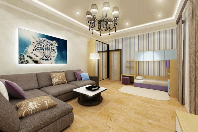 disposição de uma sala de estar e quarto de criança combinados