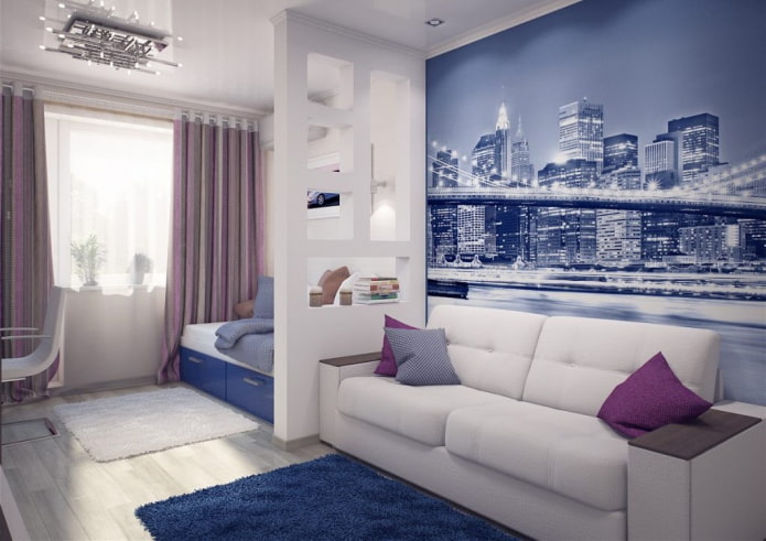 interior de uma pequena sala de estar combinada com um quarto infantil