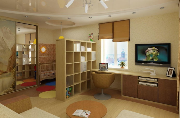 layout de um quarto infantil e sala de estar combinados
